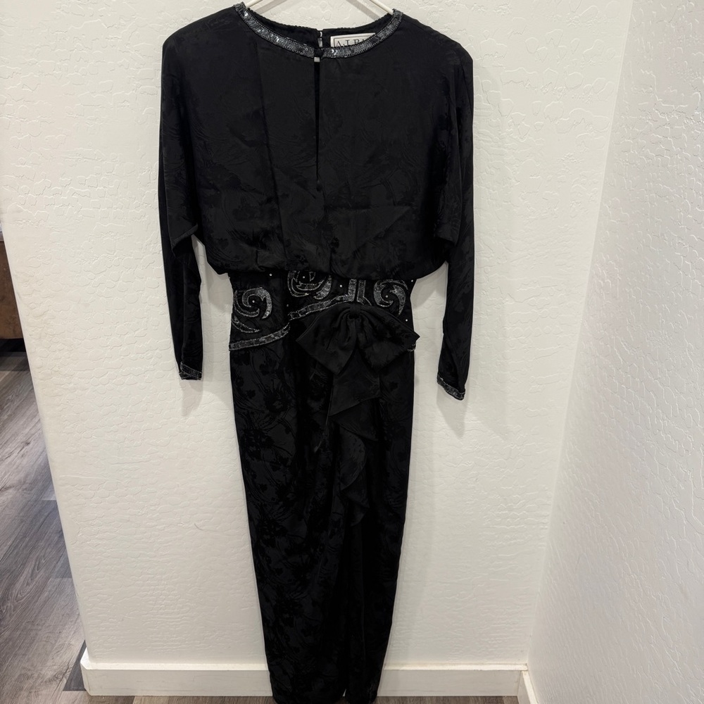 A.J. Bari Black Midi Dress Womens 10 Silver Beaded Accents Silk Formal